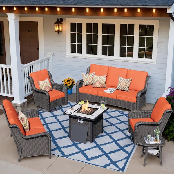 Clario 6-Piece Wicker Outdoor Furniture Patio Conversation Seating Set with Fire Pit, Orange Red Cushions and Ottoman