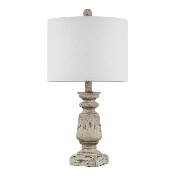 22 in. Distressed Gray Farmhouse Resin Bedside Table and Lamp Set Set of 2