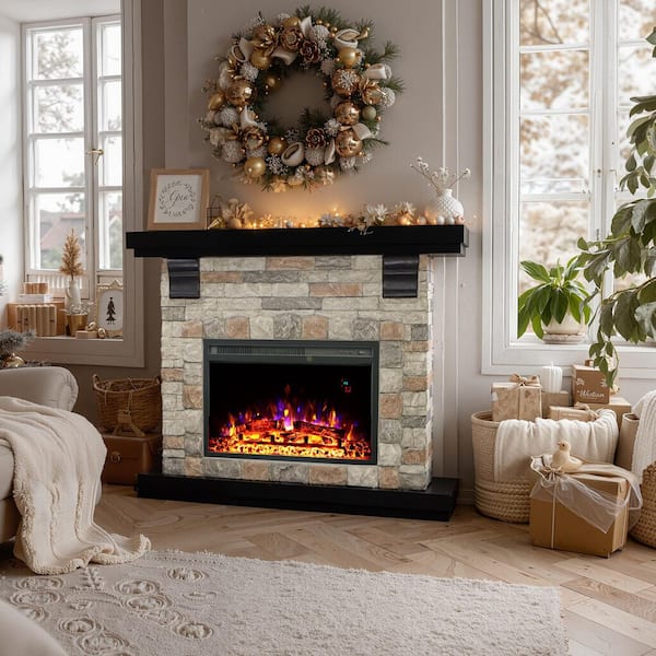 42 in. Freestanding TV STAND with 23 in. Electric Fireplace Insert, Stone Brick Mantel Surround, Brown