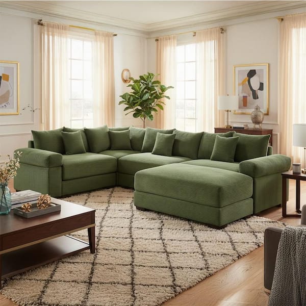 DDSMYS 116.9 in. Straight Arm 5-Piece Corduroy Modular Sectional Sofa with Ottoman and Ergonomic Design in Olive Green
