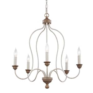 Hartsville 5-Light Chalk Washed White/Light Brown Beachwood Country Coastal Farmhouse Hanging Candlestick Chandelier