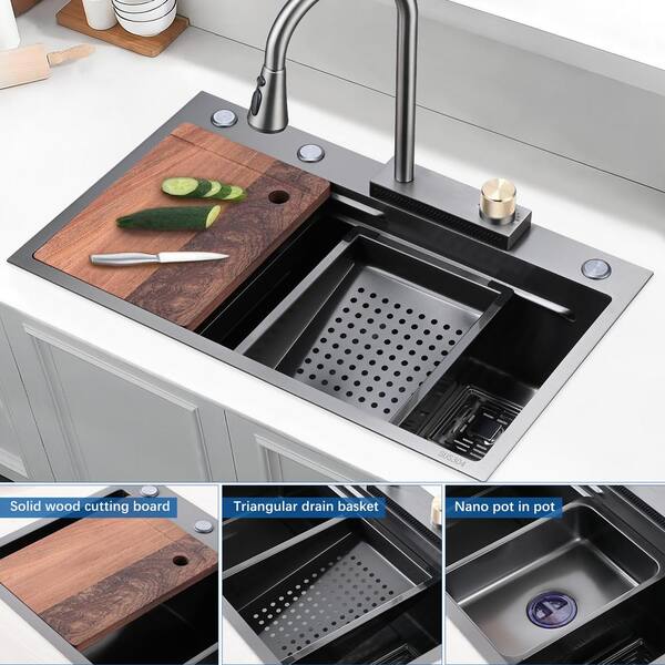 45 Black Quartz Kitchen Sink Double Bowl Drop-In Sink with Drain Board -Wehomz