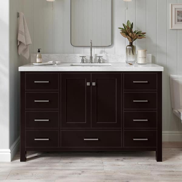 ARIEL Cambridge 55 in. W x 22 in. D x 36 in. H Bath Vanity in Espresso with Carrara White Marble Top