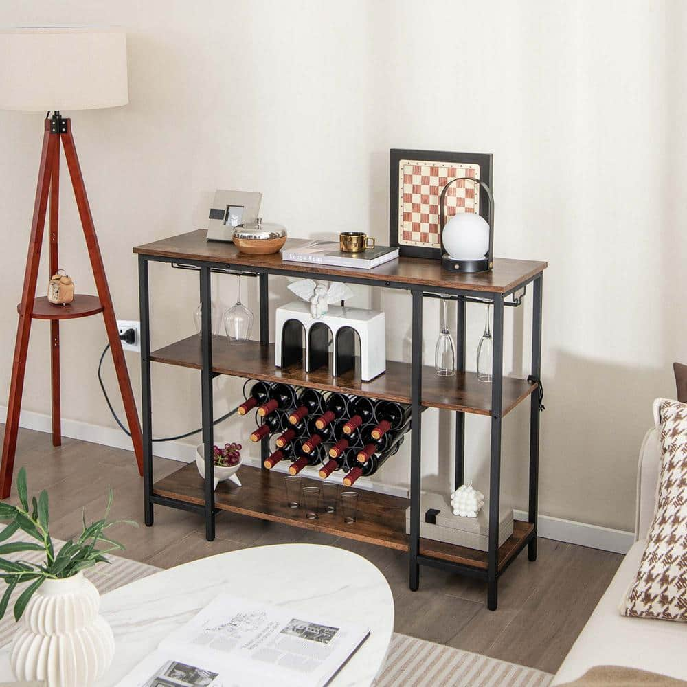 Costway Brown Cabinet Bar Table Rack Table for Drinks Glasses with ...