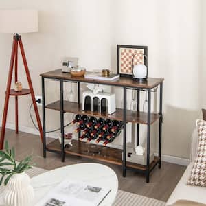 Brown Cabinet Bar Table Rack Table for Drinks Glasses with Power Outlets