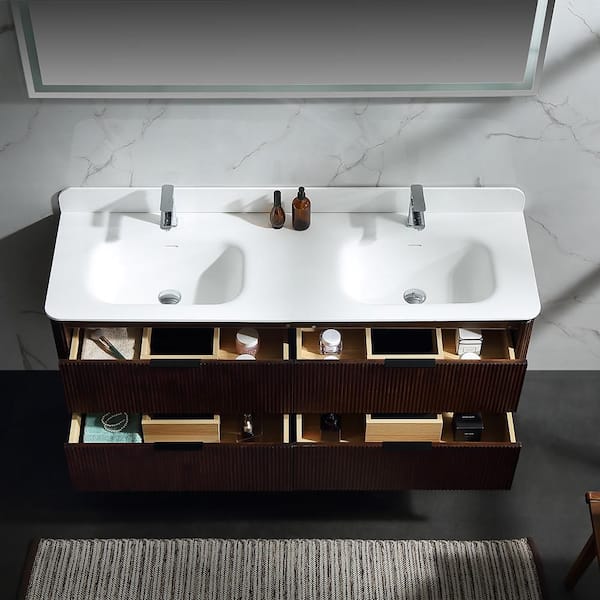 Wenlorin 60 in. Double Sinks Floating Black Bath Vanity with White Acrylic Top Pre-Assembled