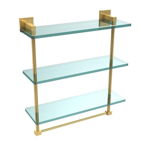 Montero 16 in. L x 18 in. H x 6-1/4 in. W 3-Tier Clear Glass Bathroom Shelf with Towel Bar in Satin Chrome Montero 16 in. L x 18 in. H x 6-1/4 in. W 3-Tier Clear Glass Bathroom Shelf with Towel Bar in Satin Chrome
