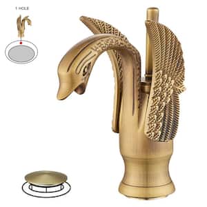 Swan Single Hole Single-Handle Bathroom Faucet And Pop Up Drain and Overflow Cover in Antique Brass