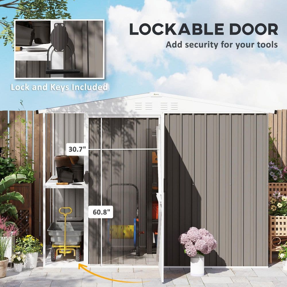 Gray Metal Garden Storage Shed with 2-Tier Rack and Lockable Door
