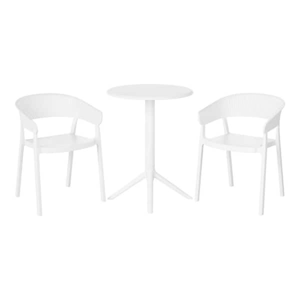 WESTIN OUTDOOR Frond and Form Outdoor Patio Modern HDPE Plastic 3-Piece Indoor/Outdoor Bistro Set w/ Stackable Chairs, White
