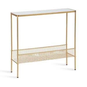Trubey 30 in. Gold Rectangle Glass Console Table with Shelf