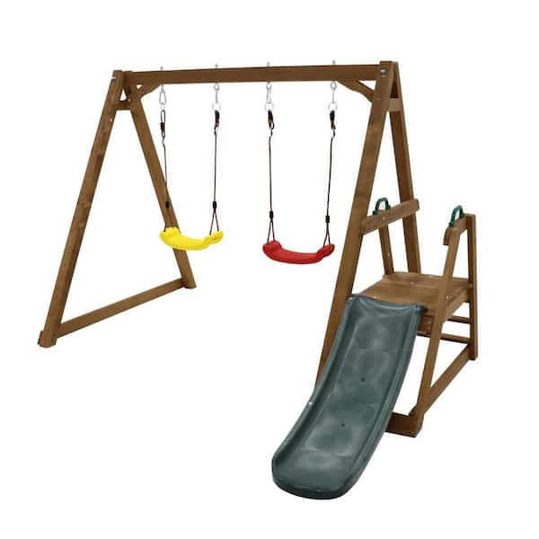 2-in-1 Natural Solid Wood Swing Set with Slide for Backyard, Outdoor Kids Playset with Climbing Rope Ladder