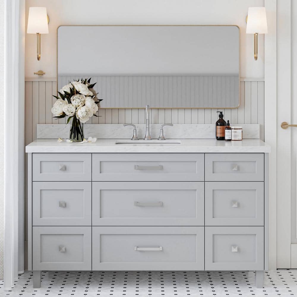 Gray Solid Wood Freestanding Bathroom Vanity with Marble Top