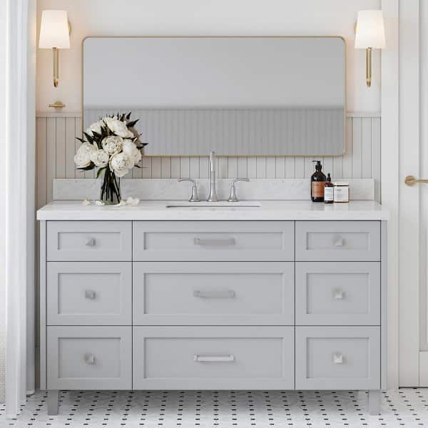 ARIEL Monroe 61 in. W x 22 in. D x 36 in. H Freestanding Bath Vanity in Grey with Italian Carrara Marble Vanity Top