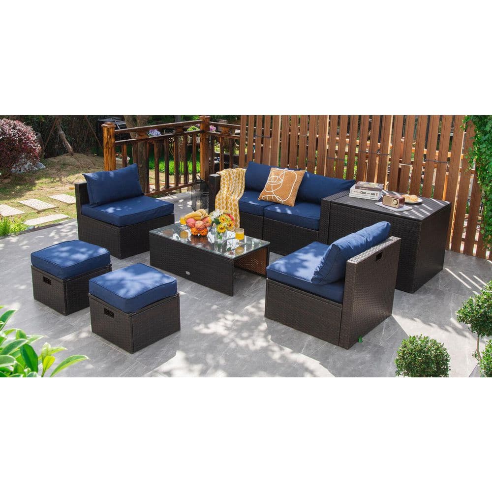 Navy 8-Piece Space-Saving Rattan Patio Furniture Set with Storage