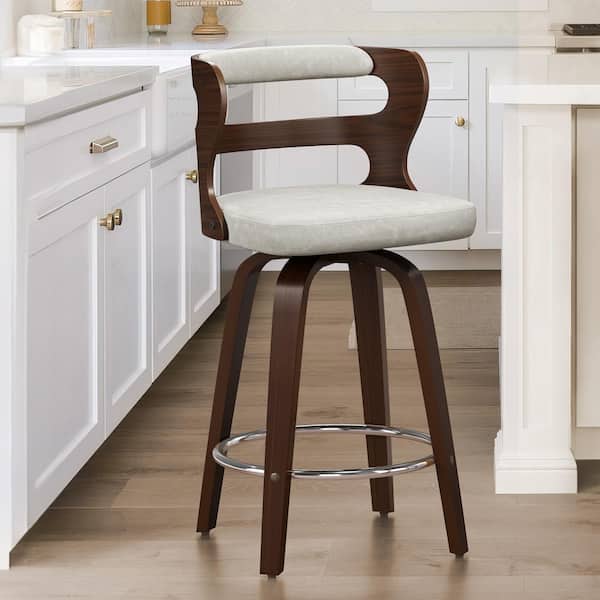 cozyman 26 in. Light Beige Gray Faux Leather and Deep Walnut Wood Mid-Century Modern Swivel Counter Height Bar Stool (Set of 1)