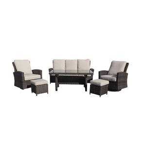 Cheshire 6-Piece Aluminum Recline Sofa and Swivel Glider Set Chow Dining with Ottomans with Cream Cushions