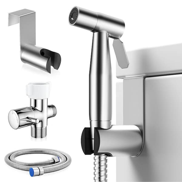Handheld Bidet Sprayer Attachment with Adjustable Pressure, Stainless Steel Hose, T-Valve & Hook Holder Included in Gray