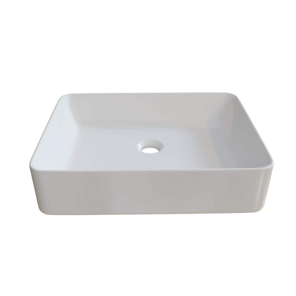 Glossy White Ceramic Rectangular Above-Counter Vessel Sink