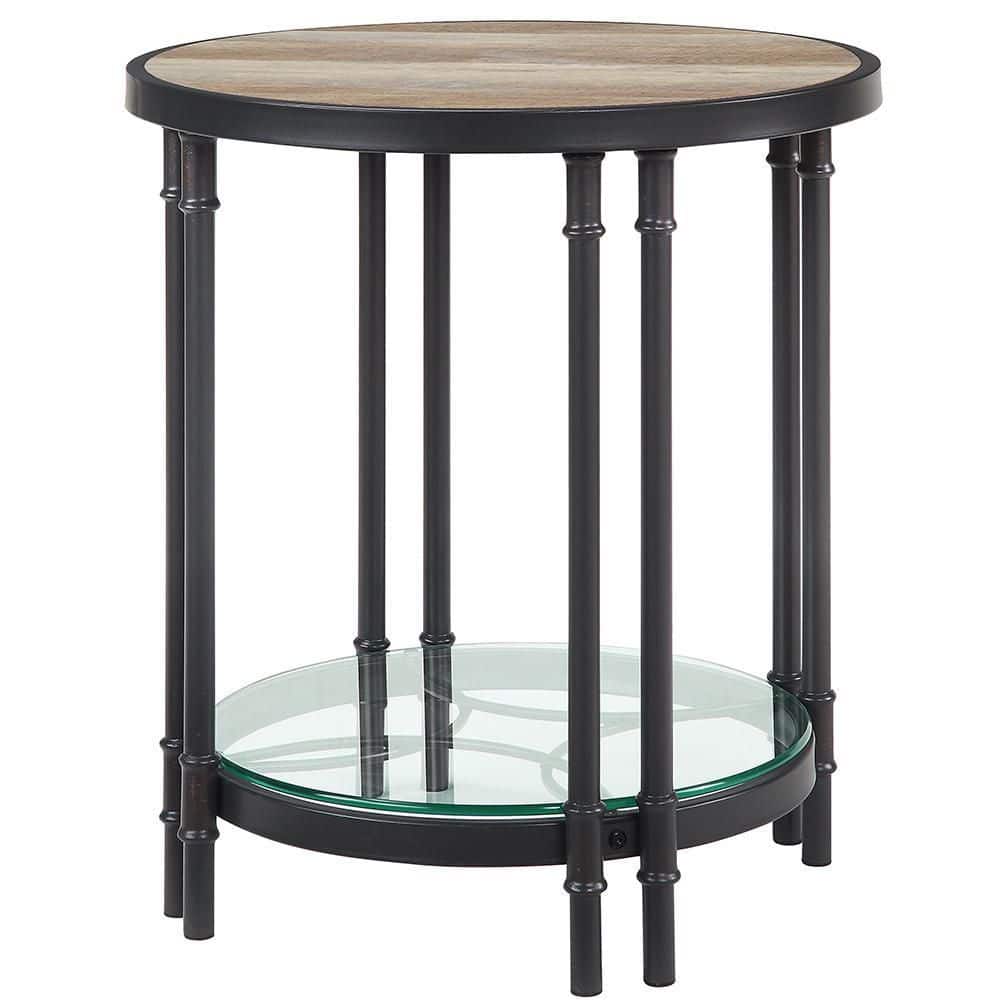 Modern Farmhouse Round Oak & Sandy Black End Table with Glass Shelf