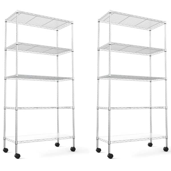 Amucolo 5-Tier Chrome Heavy Duty Storage Wire Rack with Wheels, NSF Height Adjustable Metal Garage Storage Rack(Set of 2)