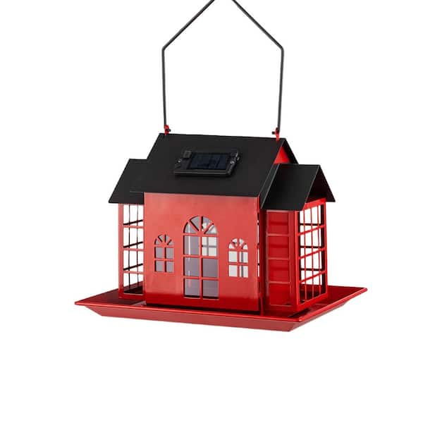 Red Metal Hanging Solar Bird Feeder House Caged Feeder, Outdoor Large Capacity Birdfeeders with Suet Cages