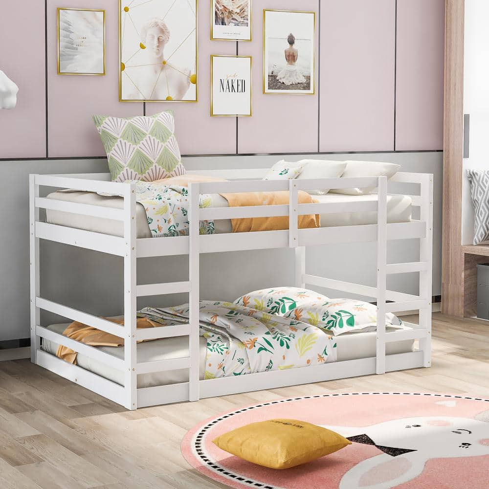 Low and Durable White Full Over Full Bunk Bed with Ladder -  Polibi, RS-FOFBB-W-PJ