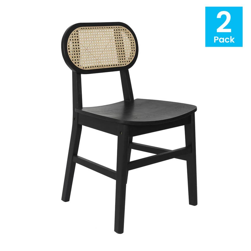 Black Wood and Cane High Back Dining Chairs, Set of 2