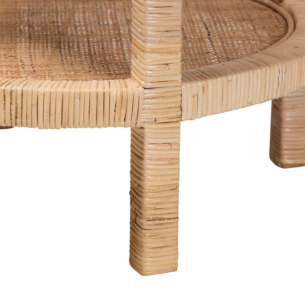 Bella Natural Mahogany Wood and Rattan 2-Tier Round Accent Table