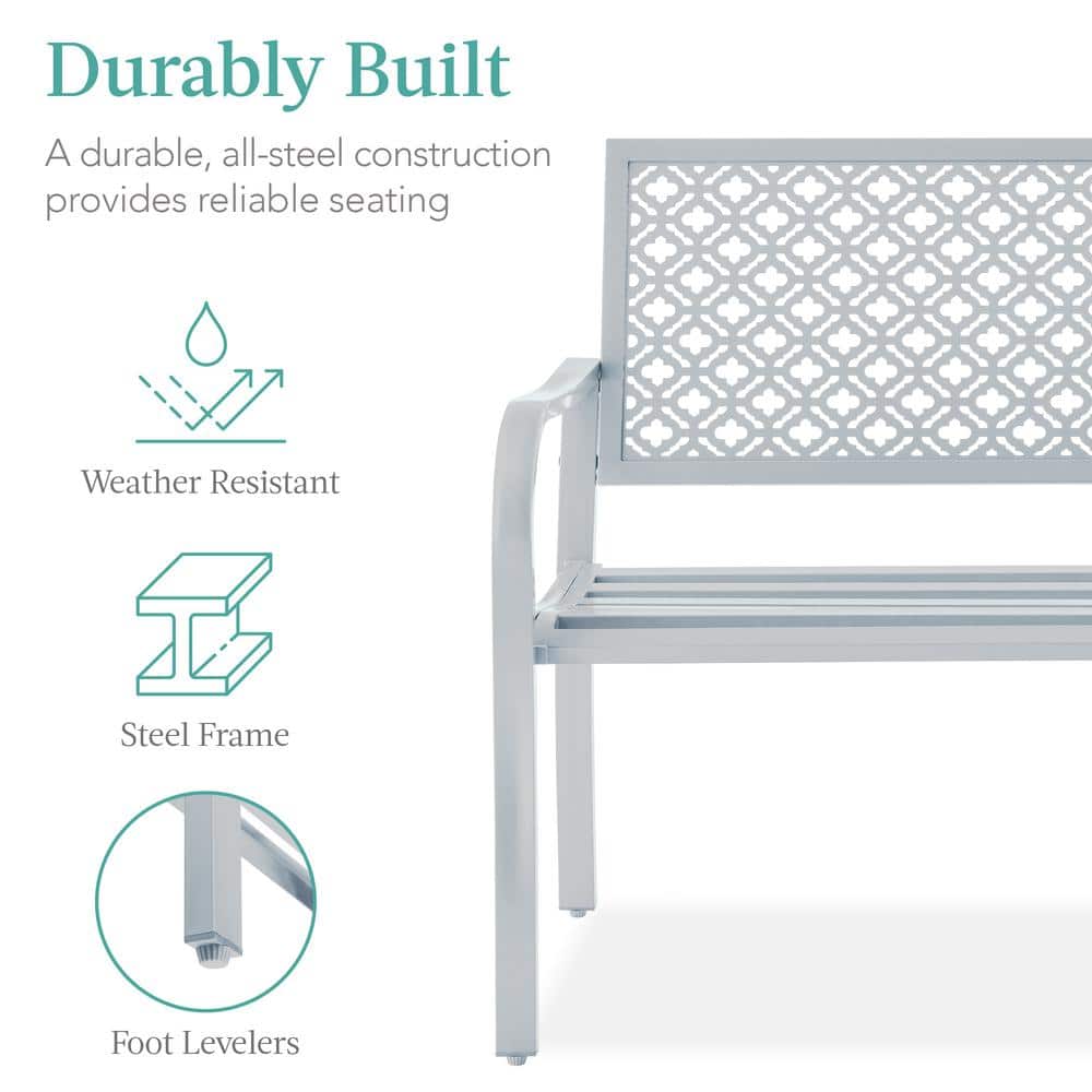 Light Gray Steel Garden Bench with Geometric Backrest