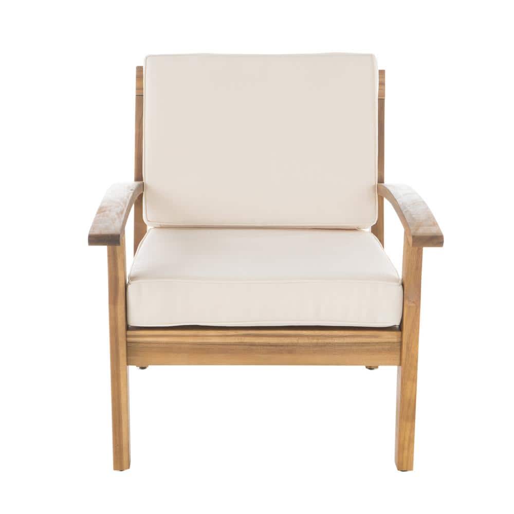 Teak Wood Coastal Lounge Chairs with Beige Water-Resistant Cushions (Set of 2)