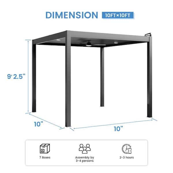 10 ft. x 10 ft. Dark Gray Aluminum Patio Pergola with Built-In Solar Panel, Ceiling Fan and Round LED Light