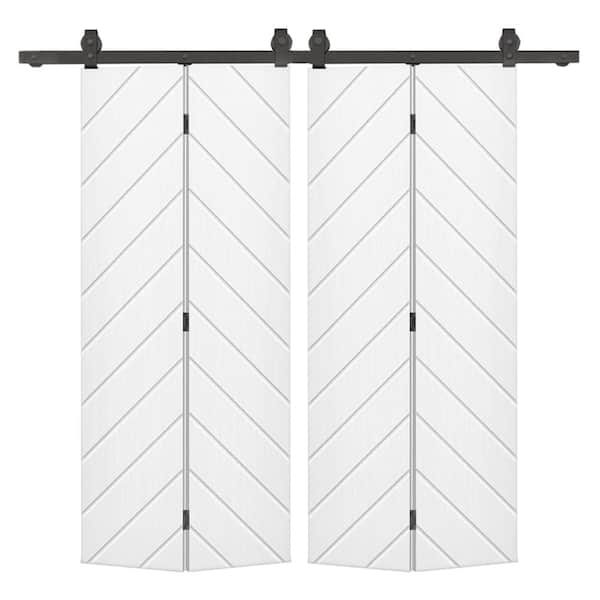 Herringbone 40 in. x 80 in. White Painted MDF Modern Bi-Fold Double Barn Door with Sliding Hardware Kit