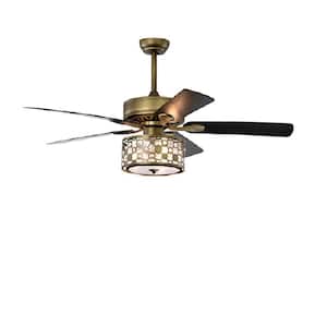 52 in. Indoor Antique Brass Crystal Ceiling Fan with 5 Wood Blades 2-Color Fan Blade Traditional Ceiling Fan