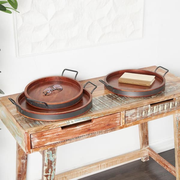 Litton Lane Brown Wood Nesting Decorative Tray with Black Metal Handles (Set of 3)