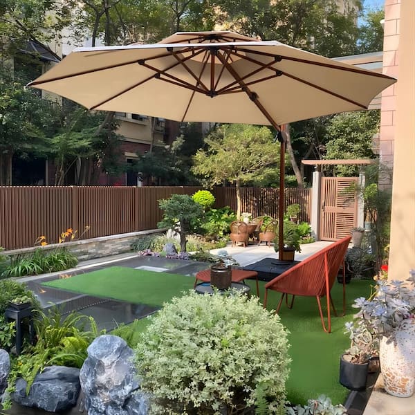 12 ft. Octagon All-aluminum 360-Degree Rotation Wood pattern Cantilever Offset Outdoor Patio Umbrella in Beige