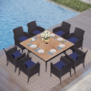 9-Piece Metal Patio Outdoor Dining Set with Extra-Large Brown Slat Square Table and Rattan Chairs with Blue Cushion