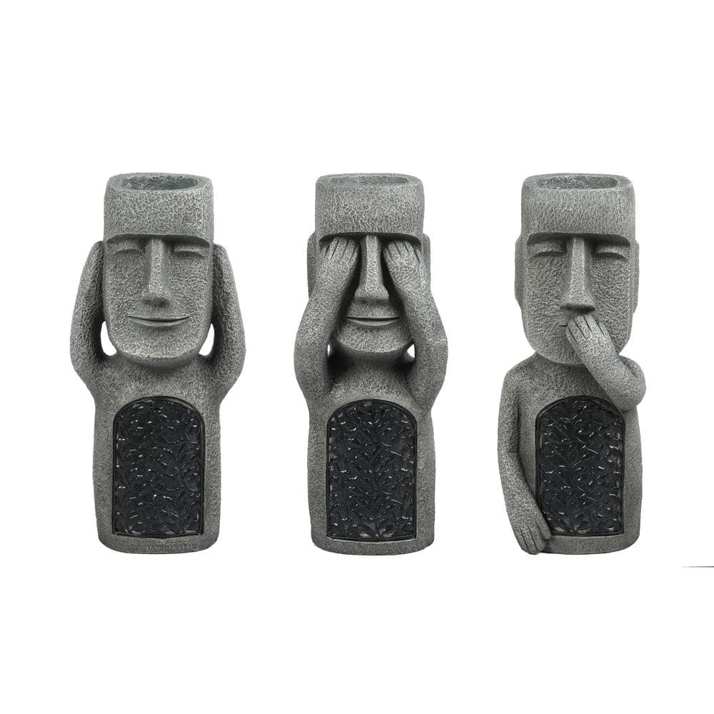 Gray Easter Island Solar Garden Statues with Planters, Set of 3