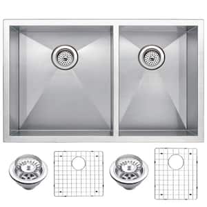 Undermount Stainless Steel 33 in. Double Bowl Kitchen Sink with Strainer and Grid in Satin