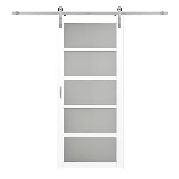 TRUporte Pavilion 36 in. x 84 in. Bright White Easy Build 5-Lite Frosted Glass MDF Sliding Barn Door with Hardware Kit
