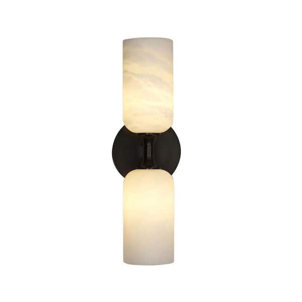 14 in. 2-Light Dimmable LED Black Wall Sconce with Alabaster Shade, Wall Light for Bathroom, Living Room,Foyer (1 Piece)