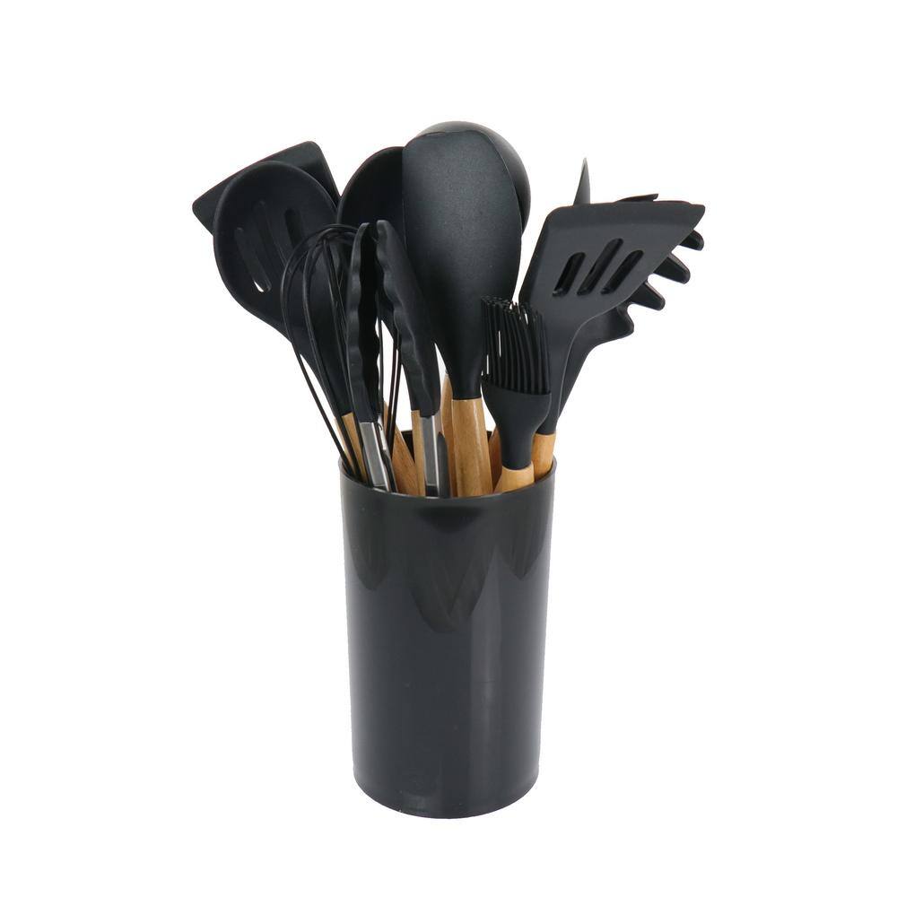 MegaChef 12 Piece Black Silicone and Wood Cooking Utensil Set