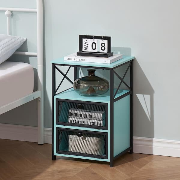 VECELO Modern Night Stand End Side Table with Storage and Door, Nightstands with Drawers , Blue, 23.8"Tx13.8"Wx15.7"L