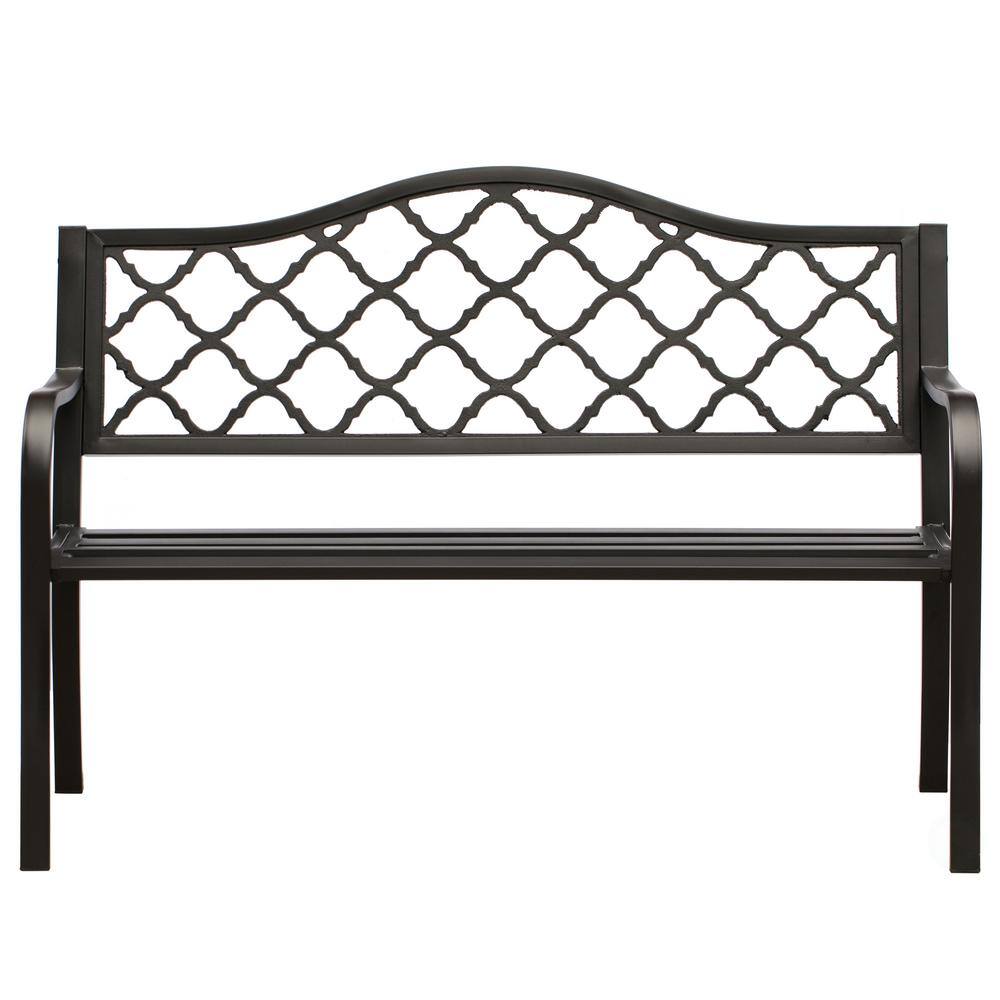 Black Steel and Cast Iron Outdoor Patio Bench