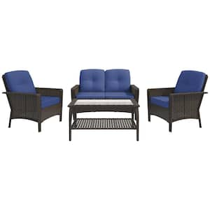 4-Piece Wicker Patio Conversation Set with Blue Cushions and Glass-Top Coffee Table