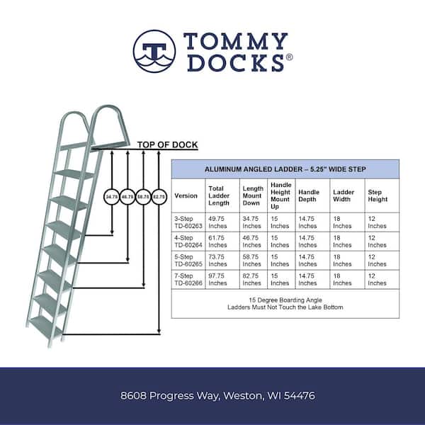 4-Step 16-in. Wide Aluminum Angled Boat Dock Ladder with Mounting Hardware for Seawalls and Stationary Dock Systems