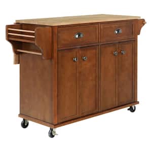 Mahogany Natural Wood 52 in. Kitchen Island with Drawers and Retractable Table
