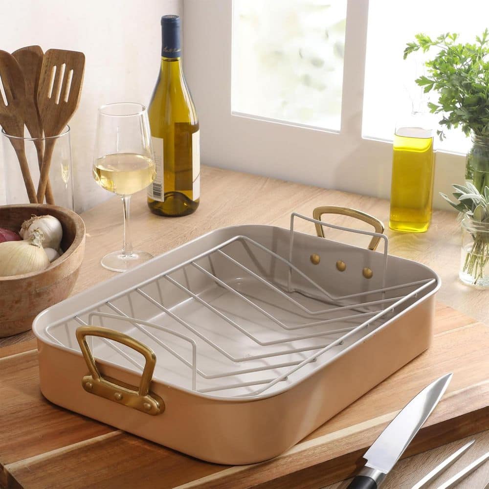 Gibson Home 2 Piece Nonstick Steel Roaster Pan in Apricot with