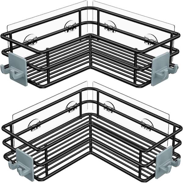 2 Pack Stainless Steel Adhesive Shower Caddy Basket Rack with Hooks in Black