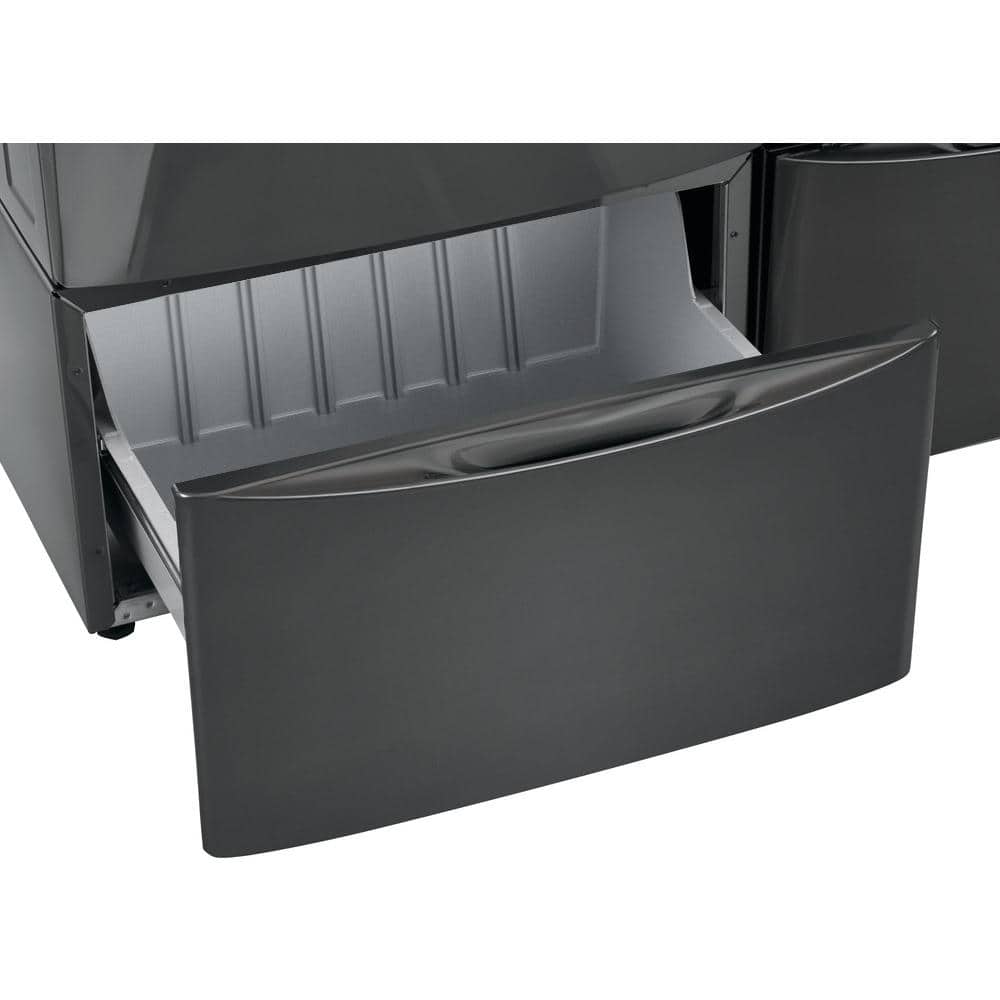 Close-up of the pedestal drawer pulled open showing the spacious interior